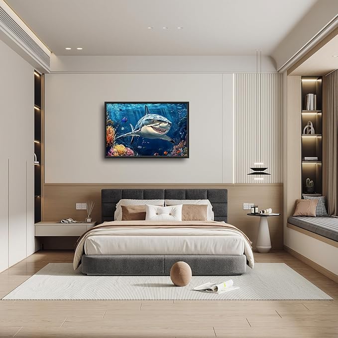Large Ocean Shark Wall Art for Living Room, Framed Oversized Shark Fish Wall Decor Underwater Marine Life Canvas Painting Modern Artwork for Living Room Bathroom Bedroom Office Dining Room 36"x24"
