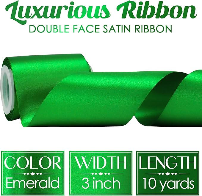 MEEDEE Emerald Green Satin Ribbon Lux Double Faced Satin Ribbon 3 Inch Wide Green Christmas Ribbons by 10 Yards Emerald Green Ribbons for Christmas Tree, Weddings, Flower Bouquet, Bow Making