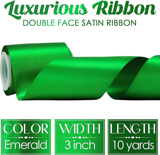 MEEDEE Emerald Green Satin Ribbon Lux Double Faced Satin Ribbon 3 Inch Wide Green Christmas Ribbons by 10 Yards Emerald Green Ribbons for Christmas Tree, Weddings, Flower Bouquet, Bow Making