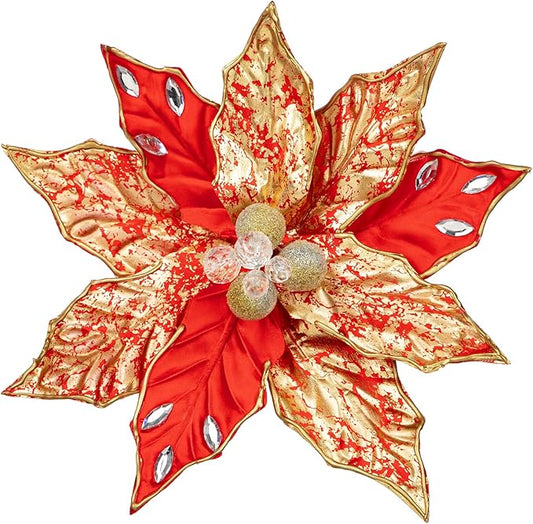 Hollyone 3PCS Poinsettia Christmas Flowers Artificial 11" Large Red and Gold Glitter Poinsettia Flowers Christmas Tree Ornaments Floral Picks for Tree Wreath Garland Vase Table Centerpiece Home Decor