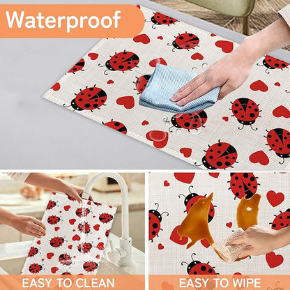 Ladybug Placemats Set of 6,Red Heart Dinner Table Mats Non-Slip Washable Mats for Kitchen Dinner Party Tablemat 12x18Inch