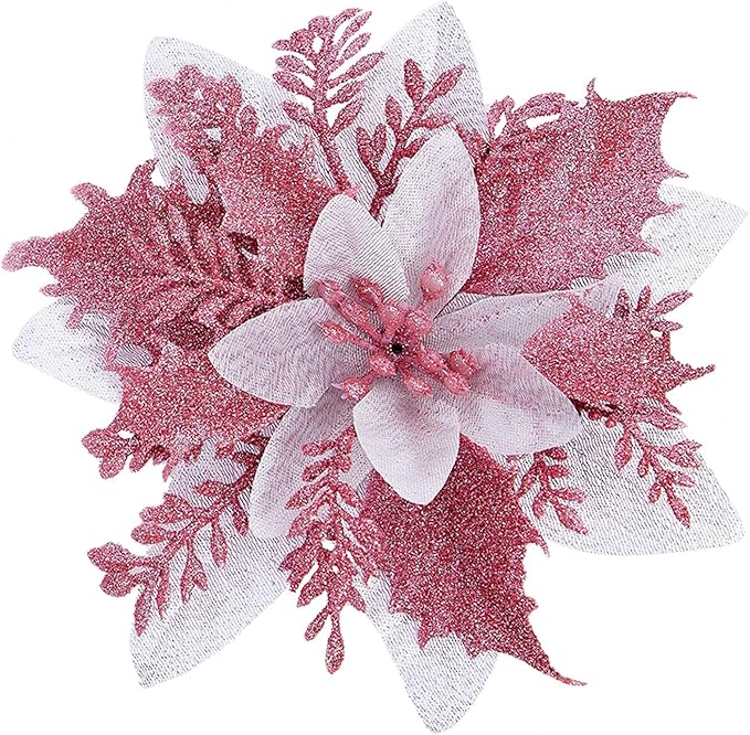 Zhuqing 15Pcs Christmas Poinsettia Artificial Flowers Decorations, Glitter Poinsettia Christmas Tree Ornaments, Pink Tree Flowers for Xmas/Wedding/Holiday/Wreath/Garland Decor, with Cilps, 5.5 Inch