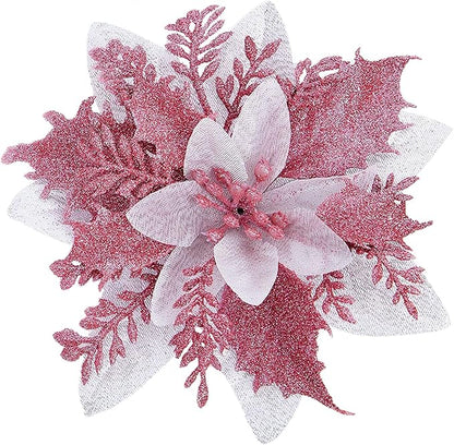 Zhuqing 15Pcs Christmas Poinsettia Artificial Flowers Decorations, Glitter Poinsettia Christmas Tree Ornaments, Pink Tree Flowers for Xmas/Wedding/Holiday/Wreath/Garland Decor, with Cilps, 5.5 Inch
