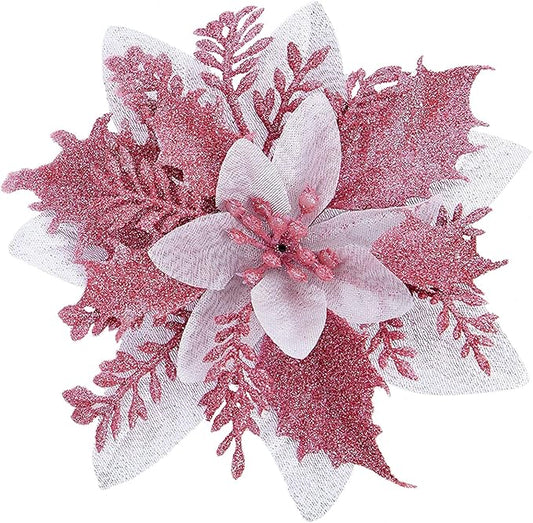 Zhuqing 15Pcs Christmas Poinsettia Artificial Flowers Decorations, Glitter Poinsettia Christmas Tree Ornaments, Pink Tree Flowers for Xmas/Wedding/Holiday/Wreath/Garland Decor, with Cilps, 5.5 Inch