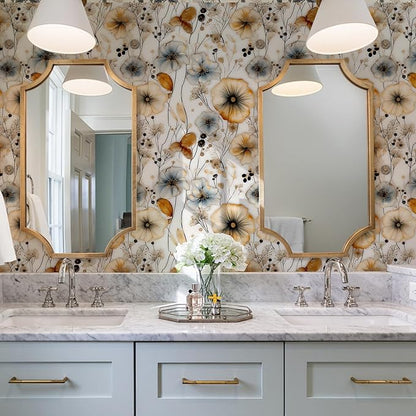 Watercolor Floral Peel and Stick Wallpaper Amber and Blue Leaf Gold Self Adhesive Removable Floral Wall Paper Renter Friendly Contact Paper for Bedroom Bathroom Walls Shelf Liner 17.71"X236.2"