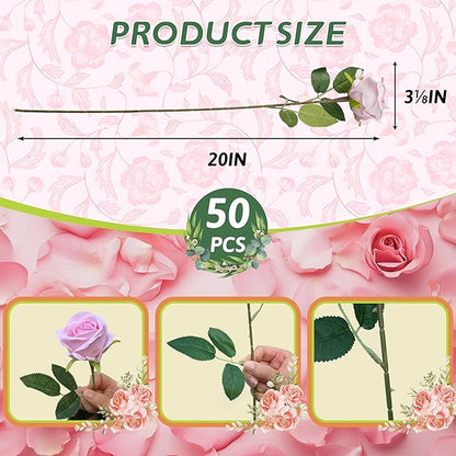 50 PCS Fake Pink Roses, Artificial Flowers Bulk Realistic Silk Faux Rose with Stems for Wedding Decoration Bridal Bouquet Birthday Celebrations DIY Floral Arrangement Home Decor