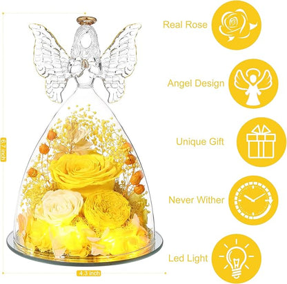 Christmas Rose Gifts for Women Preserved Real Flower in Glass Angel Figurines Roses for Delivery Prime Birthday Gifts for Mom Grandma Girlfriend Wife Her,Yellow Austin Roses