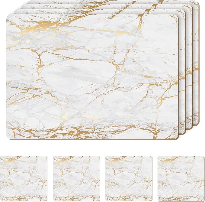 Set of 4 Heat Resistant Cork Placemats for Dining Table with Free Set of 4 Matching Drink Coasters Marble Design 16 x 12 Inches Cork Backed Hard Placemats (Foiled Gold)