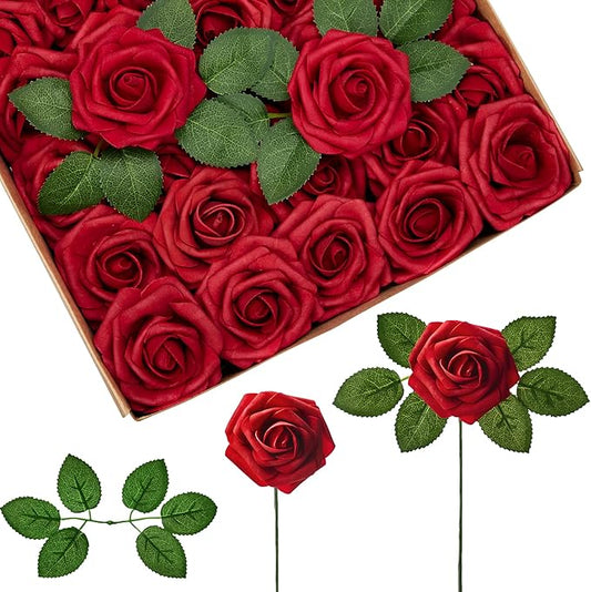 InnoGear Artificial Flowers, 25 Pcs Dark Red Foam Fake Roses Bulk with Stems for Decoration DIY Wedding Bouquets Centerpieces Bridal Shower Party Christmas Tree