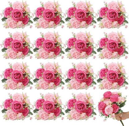 16 Pack Pink,Hot Pink Peonies Artificial Flowers,Fake Silk Hydrangea Bouquet for Bridal Wedding Home Table Decor Reusable Dining Opening Ceremony Birthday Arrangement Faux Floral