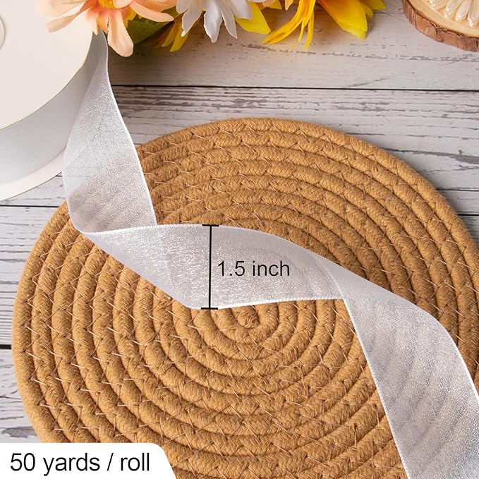 Sheer Organza Ribbon 1-1/2 Inch Chiffon Ribbons for Bouquets Garland, Gift Wrapping, 50 Yards/Roll (White)