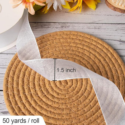 Sheer Organza Ribbon 1-1/2 Inch Chiffon Ribbons for Bouquets Garland, Gift Wrapping, 50 Yards/Roll (White)