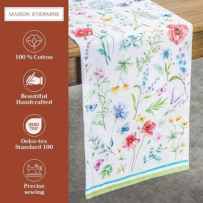 Maison d' Hermine Table Runner 100% Cotton Single Layer Table Runners 72 inches Long Decorative for Kitchen Dining Party Baby Shower Wedding Bridal Shower Spring Summer (Just Floral, 14.50" x 72")
