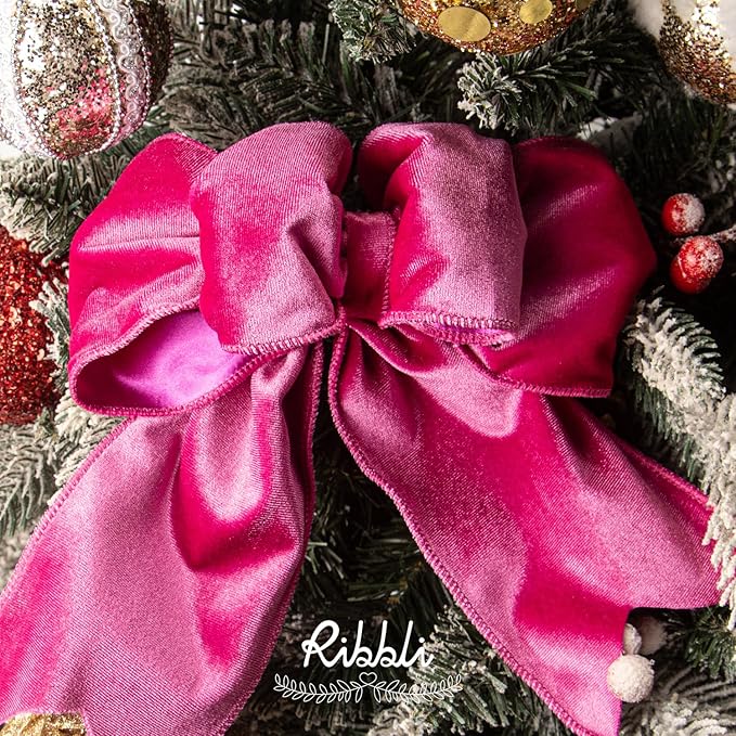 Ribbli Hot Pink Velvet Wired Ribbon 4 Inch Velvet with Satin Christmas Ribbon for Gift Wrapping Christmas Tree Decoration Crafts Wreaths Supplies-Continuous 10 Yards