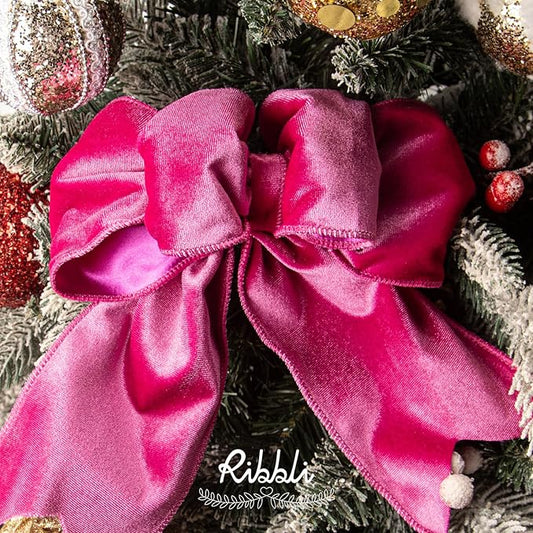 Ribbli Hot Pink Velvet Wired Ribbon 4 Inch Velvet with Satin Christmas Ribbon for Gift Wrapping Christmas Tree Decoration Crafts Wreaths Supplies-Continuous 10 Yards