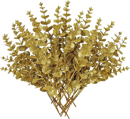 Hollyone 20 Pcs Glitter Artificial Eucalyptus Branches 13" Christmas Pine Stems Picks Gold Fake Picks Stems for DIY Christmas Tree Garland Wreath Crafts Home Decoration