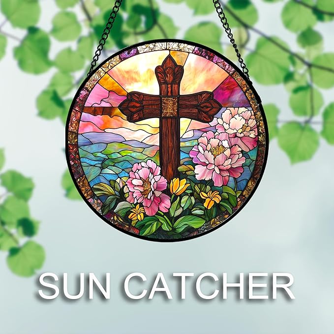 Christian Gifts for Women - Cross Stained Glass Window Hanging Jesus Easter Pink Flower Peony Sun Catcher Garden Religion Decor Mother's Day Catholic Gift for Men Grandma Mom Her Nana 9.8"