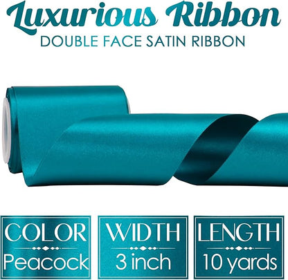 MEEDEE Peacock Satin Ribbon Lux Double Faced Satin Ribbon 3 Inch Peacock Ribbons by 10 Yards Turquoise Blue Ribbons for Christmas Tree Decoration, Weddings, Flower Bouquet, Bow Making