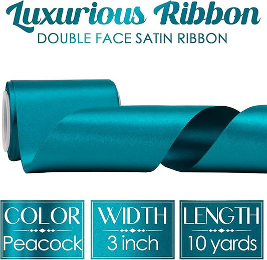 MEEDEE Peacock Satin Ribbon Lux Double Faced Satin Ribbon 3 Inch Peacock Ribbons by 10 Yards Turquoise Blue Ribbons for Christmas Tree Decoration, Weddings, Flower Bouquet, Bow Making