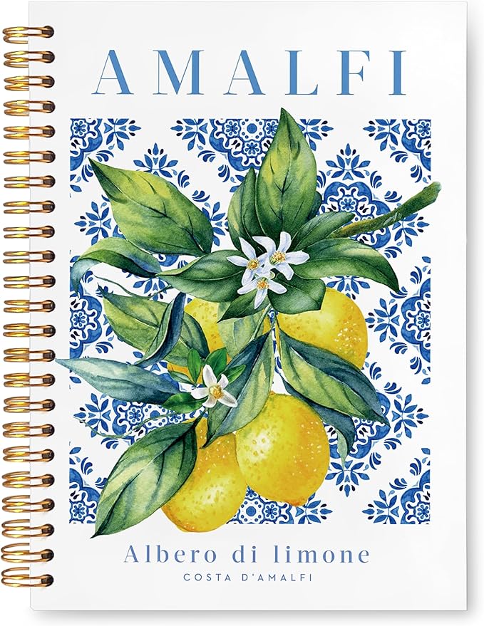 VIIJJUE Italian Amalfi Coast Lemon Notebook Journal, Blue and White Floral Mediterranean Tiles Lemons Tree Gifts Notebook, Hardcover Spiral Journal 5.5x8.3 Inch