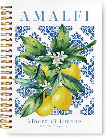 VIIJJUE Italian Amalfi Coast Lemon Notebook Journal, Blue and White Floral Mediterranean Tiles Lemons Tree Gifts Notebook, Hardcover Spiral Journal 5.5x8.3 Inch