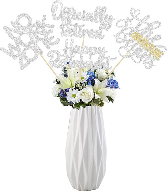 Ephlyn 16Pcs Happy Retirement Centerpiece Sticks Officially Retired Table Flower Centerpieces Sticks No Work Zone Floral Decorations for Farewell Birthday Party Centerpieces Supplies Silver
