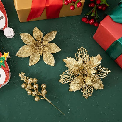 24Pcs Gold Glitter Poinsettia Christmas Tree Ornaments and Glitter Berries Stems, 16Pcs Christmas Artificial Flowers and 8 Pack Christmas Tree Picks for Wedding Holiday Decorations