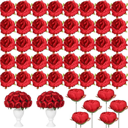 50 Pcs Artificial Peony Flower Bulk 3.5 Inch Silk Peony Flowers Heads with Stems Realistic Fake Roses for DIY Wedding Party Craft Bridal Bouquets Table Centerpieces Vase Home Decor(Red)