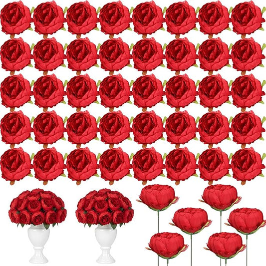 50 Pcs Artificial Peony Flower Bulk 3.5 Inch Silk Peony Flowers Heads with Stems Realistic Fake Roses for DIY Wedding Party Craft Bridal Bouquets Table Centerpieces Vase Home Decor(Red)