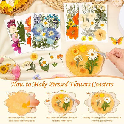 155Pcs Dried Pressed Flowers for Crafts, 6 Sheets Real Dry Florals and Leaves Bulk with Tweezer for Resin Molds Candle Soap Making Scrapbook Bookmarks Frames Supplies Kit Nail Art Makeup Decor