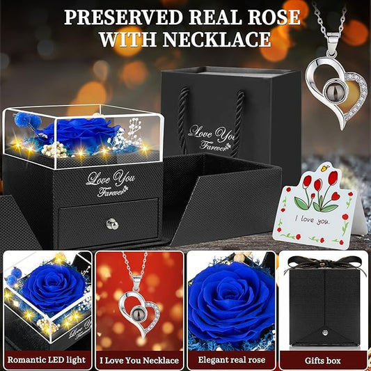 Preserved Blue Real Rose with I Love You Necklace -Eternal Flowers Rose Gifts for Mom Grandma Wife Girlfriend Gifts for Her Christmas Birthday Anniversary