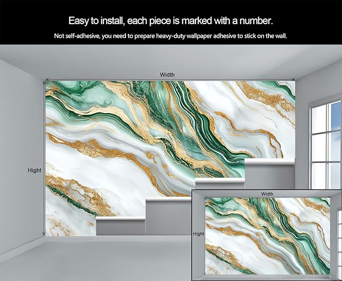 Green Gold Marble Wall Mural, Elegant Marble 3D Wall Murals, Luxury Stone Texture Wallpaper Mural, for Living Room Bedroom Large Wallpaper Indoor Decor 59" W x39.4 H