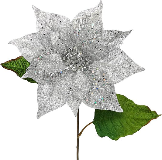 10" Poinsettia Flower Artificial for Christmas Tree Decor, 3 Pcs Faux Glitter Poinsettias Stems for DIY Xmas Wreath & Garland, Christmas Ornaments for Home Party, Holiday & Wedding Decorations, Silver