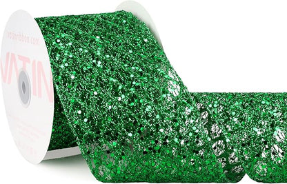 VATIN 4" Green Christmas Ribbon, Green Glitter Mesh Diamond Web Sequin Dots Wired Christmas Ribbon for Gift Wrapping Bow Making Wreath Supply-10 Yards