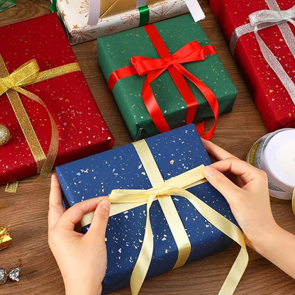 DECYOOL 4 Rolls 100 Yards Christmas Satin Ribbons 15mm Wide Holiday Craft Ribbons for Gift Wrapping and Xmas Decoration, Red & Green & Gold & White