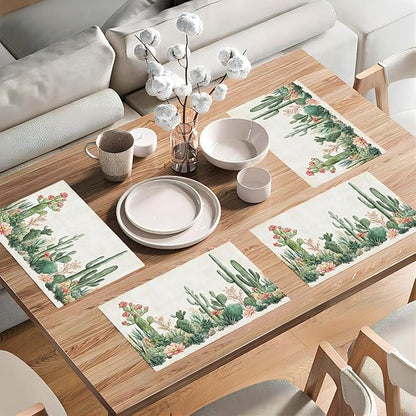 Cute Cactus Placemats Set of 6, Western Succulent Place Mats, Rustic Summer Plant Dining Table Mats, Washable Placemats for Kitchen Dining Room 18L'' × 12W''
