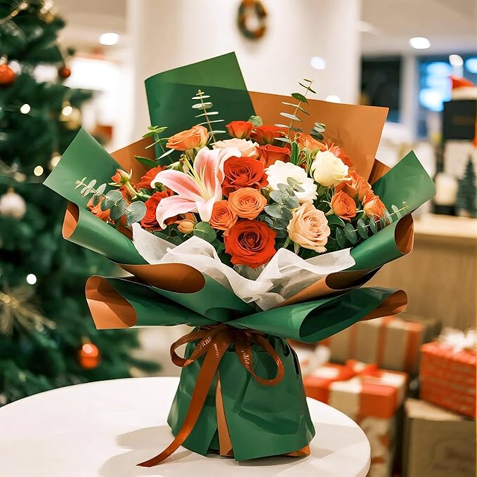LeZakaa 20 Sheets Christmas Flower Wrapping Paper, Retro Green and Bronze Gold Design Waterproof Reversible Floral Bouquet Paper, for Valentines, Mothers Day, Party, Birthday, Wedding, Baby Shower