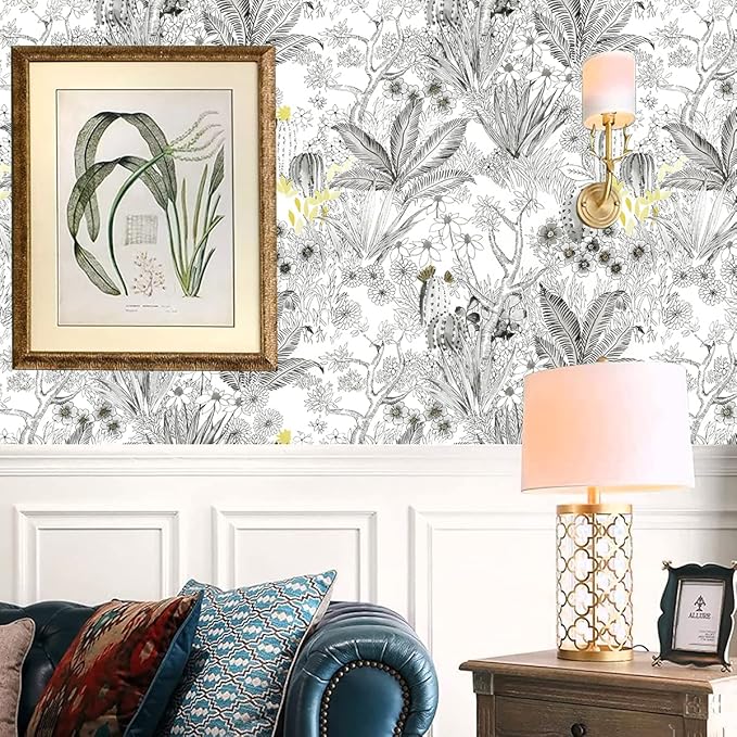 Wudnaye Floral Peel and Stick Wallpaper Vintage Contact Paper 17.7 inch×196.8 inch Gray Flower Wallpapers Self Adhesive Removable White and Black Contact Paper Waterproof for Bathroom Vinyl