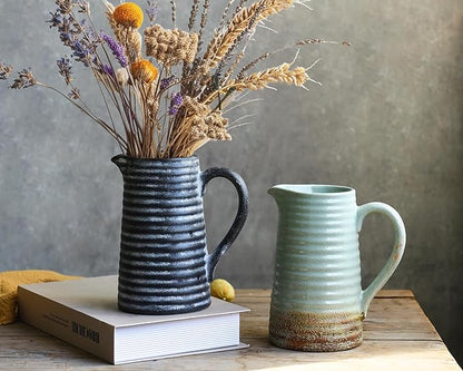 Quoowiit Ceramic Rustic Vase with Handle, Black Distressed Decorative Farmhouse Pitcher Vase for Home Decor Living Room Bedroom Kitchen Office Shelf Decor Centerpiece Table Decoration