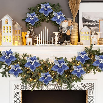 Boao 24 Pieces Christmas Artificial Glitter Poinsettia Flowers Xmas Flowers Wedding Christmas Tree New Year Ornaments(Navy Blue)