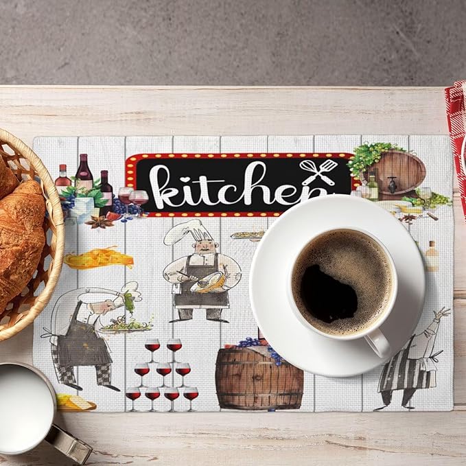 Chef Kitchen Linen Placemats Set of 6 Wine Cooking Theme Placemats for Indoor Outdoor Party Home Desktop Dining Room Decor 12x18 Inch