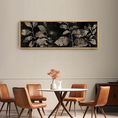 SIGNFORD Large Framed Canvas Print Wall Art Modern Noir Leaves Monochrome Botanical Shadows Illustrations Modern Art Calm Warm for Living Room, Bedroom, Office - 60"x20"