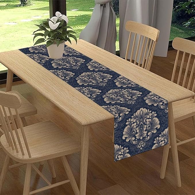 Vintage Damask Table Runner, Blue Classical Luxury Old Fashioned Damask Royal Victorian Flora Print Table Center Decor for Family Kitchen Table Decorations Indoor Outdoor 13x36 inch