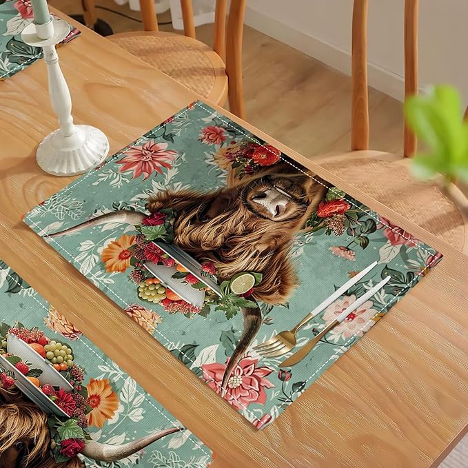 Highland Cow Placemats Set of 4 Farmhouse Flower Cattle Fruits Placemats Funny Animal Table Mats Wildlife Farmhouse Cow Place Mats for Party Kitchen Dining Decoration 4 PCS