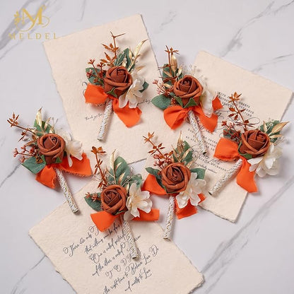 Meldel Terracotta Boutonniere for Men Wedding, Set of 6, Groom and Best Man Boutonniere, Guest Rose Boutonniere for Wedding Prom Homecoming Ceremony Anniversary Party, Burnt Orange