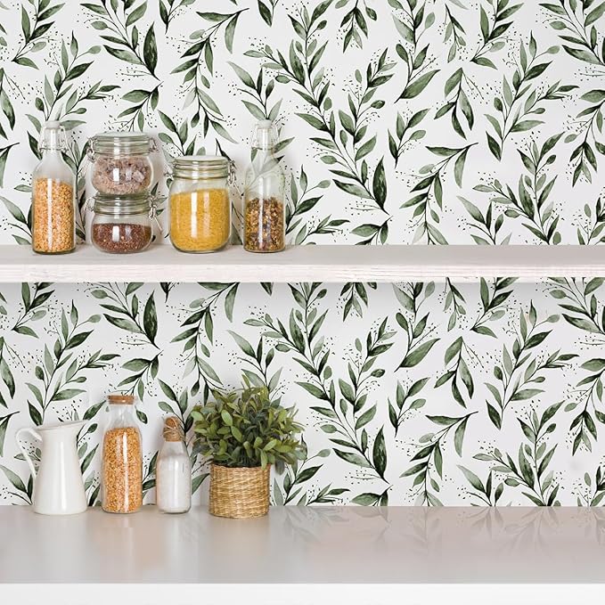 Erfoni Green Leaf Wallpaper Floral Peel and Stick Wallpaper 17.7inch x 196.8inch Greenery Leaves Self Adhesive Contact Paper Peel and Stick Olive Botanical Flowers Wall Paper for Bedroom Decor Vinyl