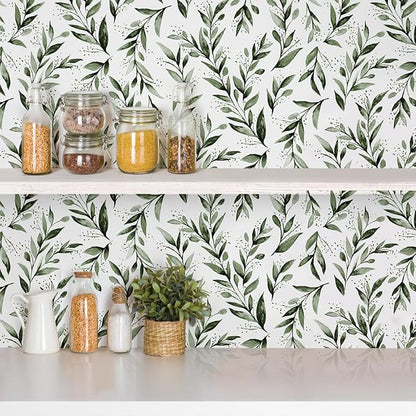 Erfoni Green Leaf Peel and Stick Wallpaper Floral Contact Paper 17.7inch x 393.7inch Greenery Leaves Self Adhesive Wallpaper Peel and Stick Olive Botanical Flowers Wall Paper Decoration Vinyl Film