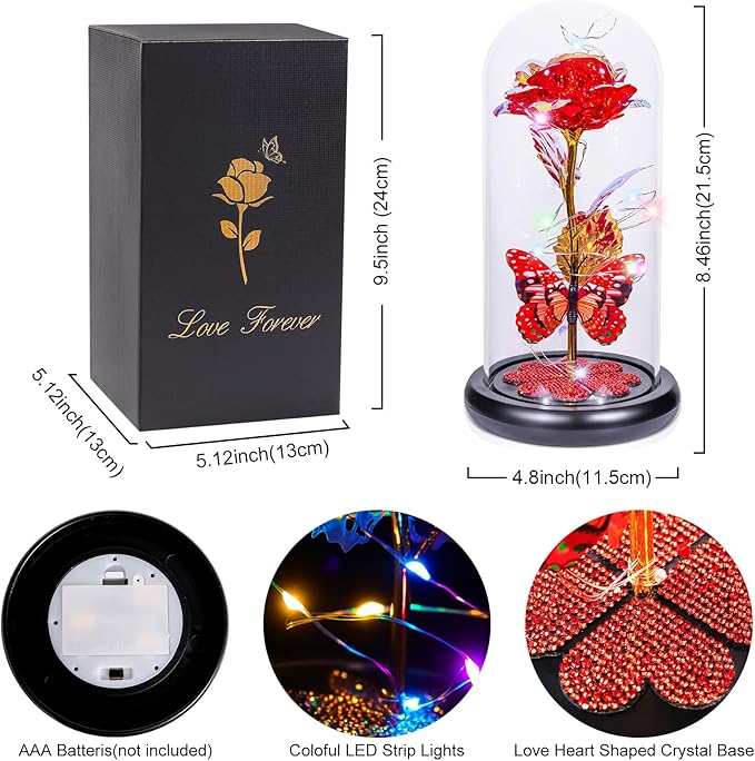 Pusuny Christmas Rose Gifts for Women Birthday Gift Galaxy Glass Rose Forever Eternal Crystal Flower Light Up Roses in Glass Dome with Butterfly Xmas Gifts for Women Mom Grandma Wife Her Sister Red