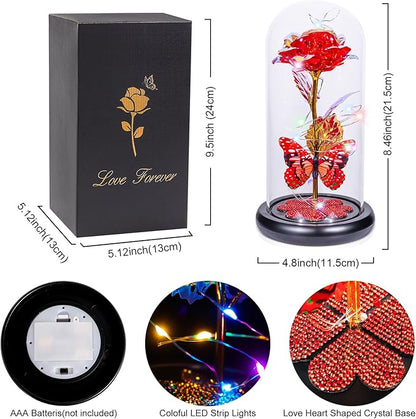 Pusuny Christmas Rose Gifts for Women Birthday Gift Galaxy Glass Rose Forever Eternal Crystal Flower Light Up Roses in Glass Dome with Butterfly Xmas Gifts for Women Mom Grandma Wife Her Sister Red