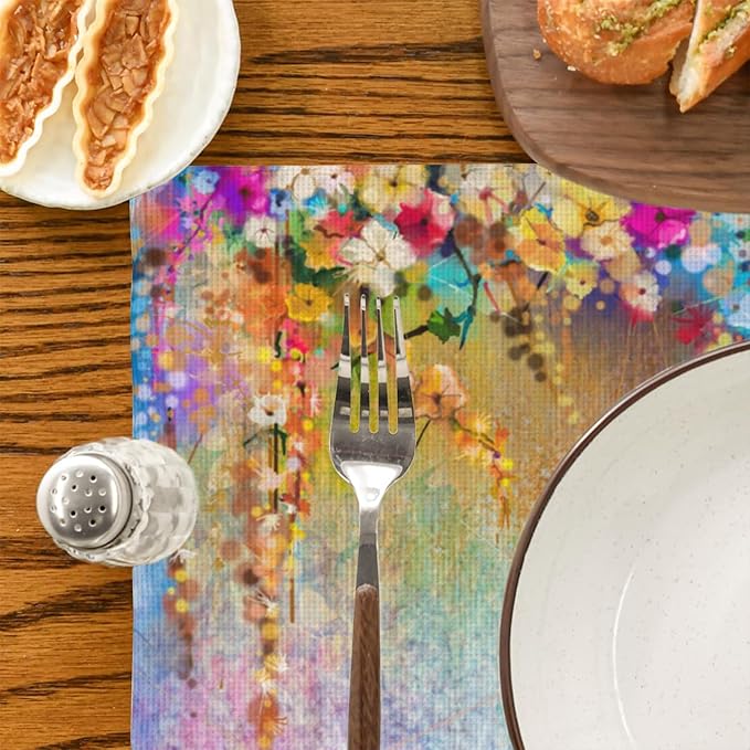 Placemats Set of 4 Abstract Watercolor Floral Dining Place Mats Linen Table Mat for Farmhouse Home Kitchen Decor 12 X 18 Inch